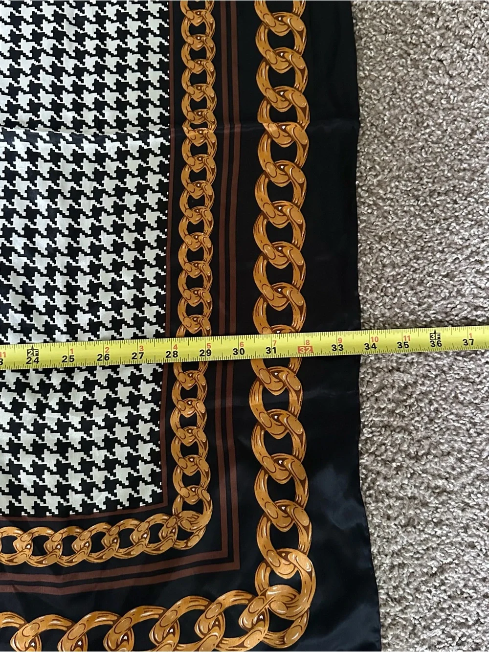 Vintage bill blass Black & Gold Chain Print Silk Scarf with Houndstooth Accent